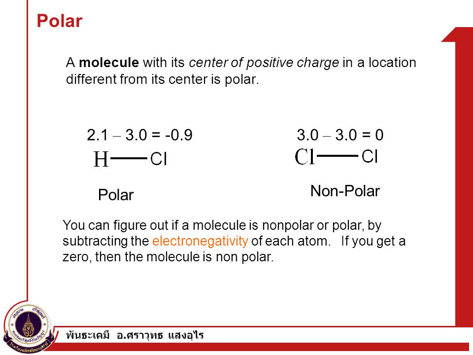 Polar 2.1 – 3.0 = – 3.0 = 0 Non-Polar Polar