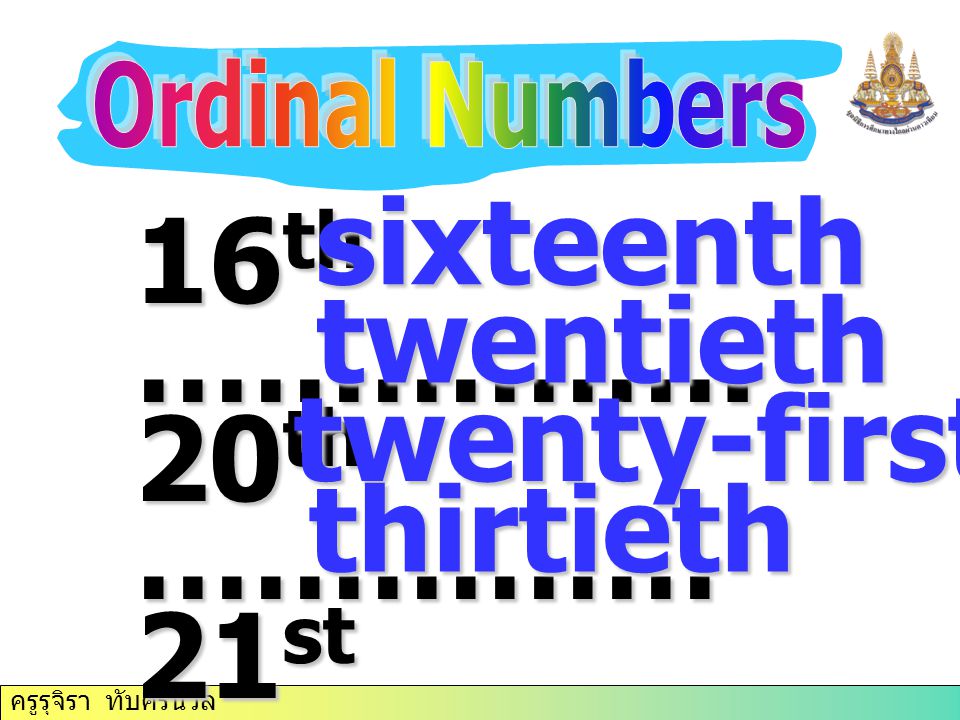 sixteenth 16th ……………. 20th …………… twentieth 21st ……………. 30th …………….