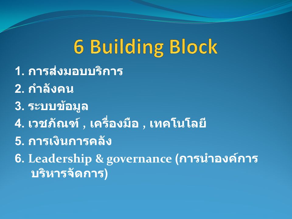 6 Building Block 1. การส่งมอบบริการ 2. กำลังคน 3. ระบบข้อมูล