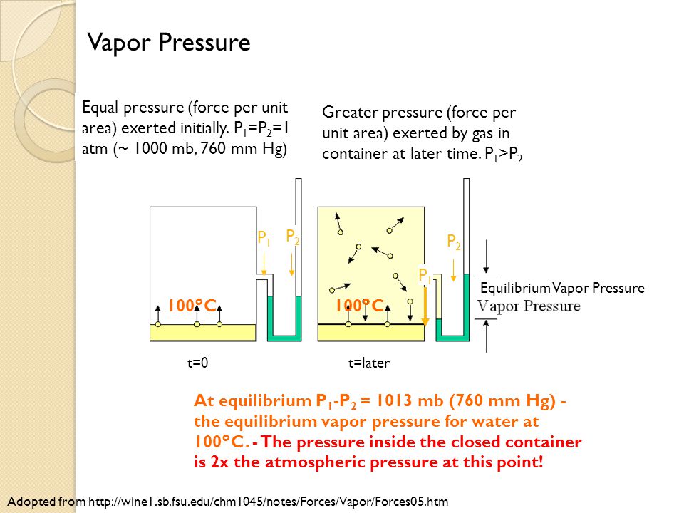 Vapor Pressure Equal pressure (force per unit area) exerted initially. P1=P2=1 atm (~ 1000 mb, 760 mm Hg)