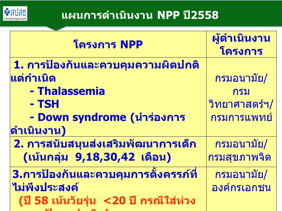 แผนการดำเนินงาน NPP ปี2558