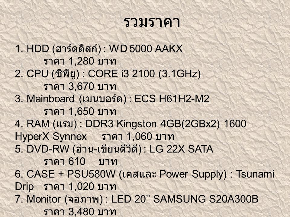 รวมราคา 1. HDD (ฮาร์ดดิสก์) : WD 5000 AAKX ราคา 1,280 บาท