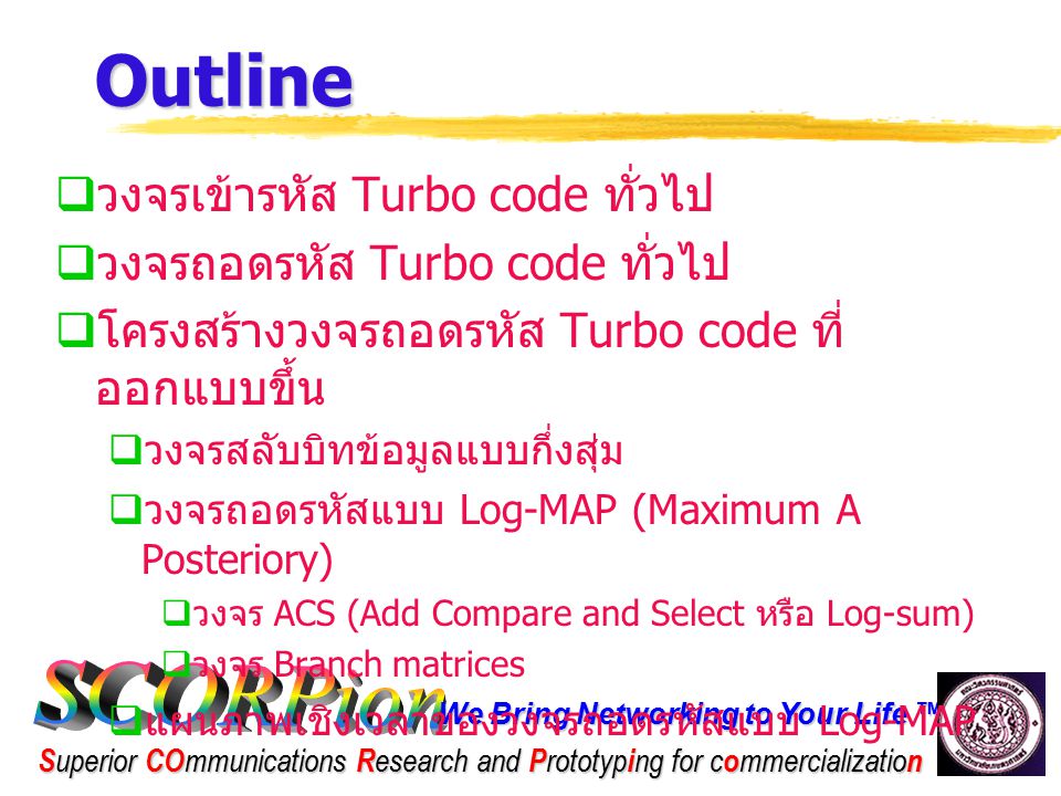 Outline วงจรเข้ารหัส Turbo code ทั่วไป วงจรถอดรหัส Turbo code ทั่วไป