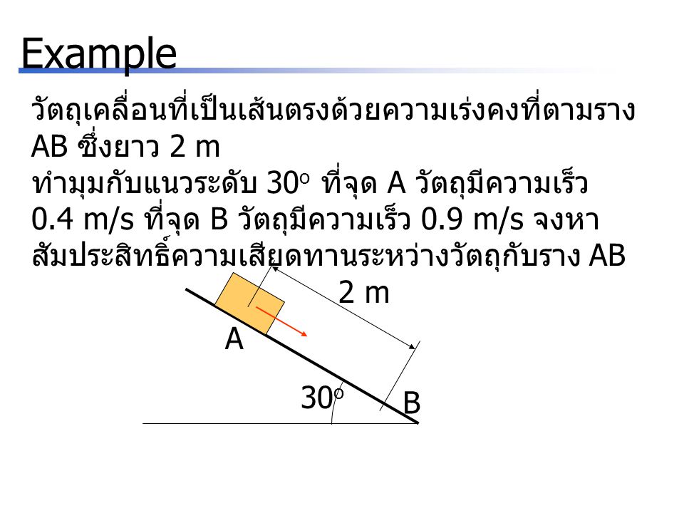 Example วัตถุเคลื่อนที่เป็นเส้นตรงด้วยความเร่งคงที่ตามราง AB ซึ่งยาว 2 m.