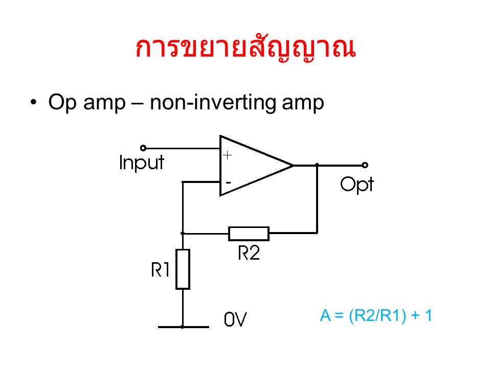 การขยายสัญญาณ Op amp – non-inverting amp A = (R2/R1) + 1