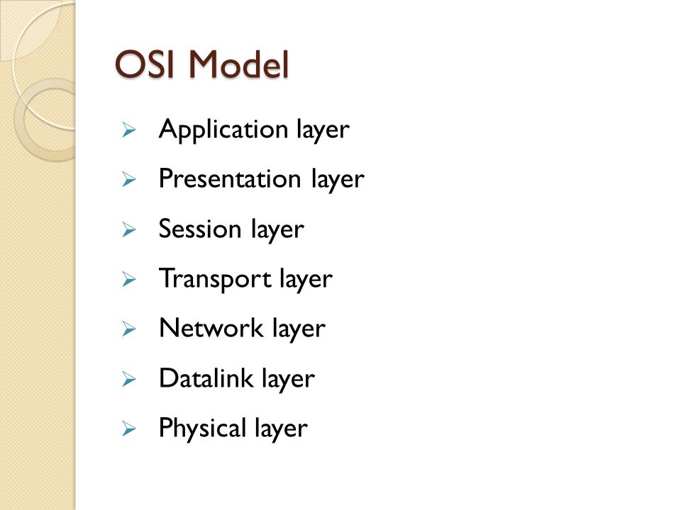 OSI Model Application layer Presentation layer Session layer