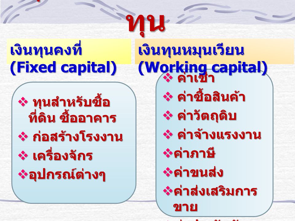 ทุนและประเภทของทุน เงินทุนคงที่ (Fixed capital)
