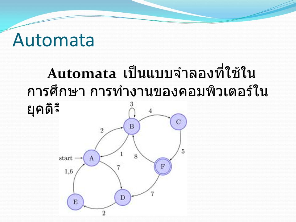 Automata Automata เป็นแบบจำลองที่ใช้ในการศึกษา การทำงานของคอมพิวเตอร์ในยุคดิจิตอล