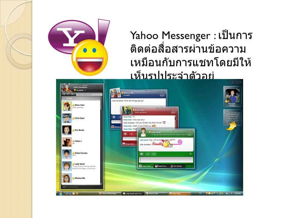 Yahoo Messenger : เป็นการติดต่อสื่อสารผ่านข้อความเหมือนกับการแชทโดยมีให้เห็นรูปประจำตัวอยู่