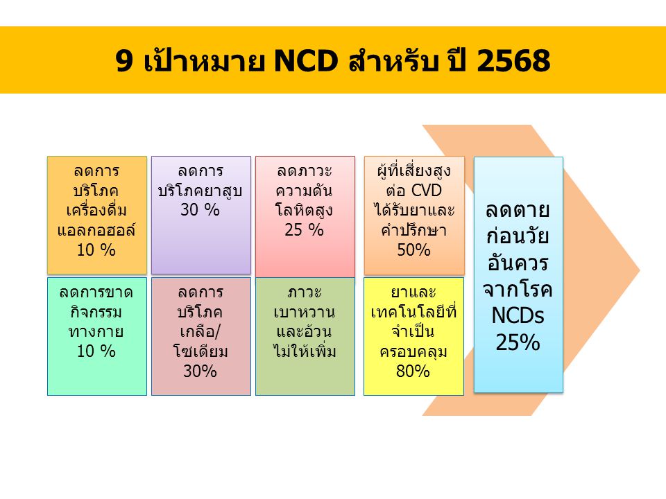 9 เป้าหมาย NCD สำหรับ ปี 2568 ลดตายก่อนวัยอันควรจากโรค NCDs 25%