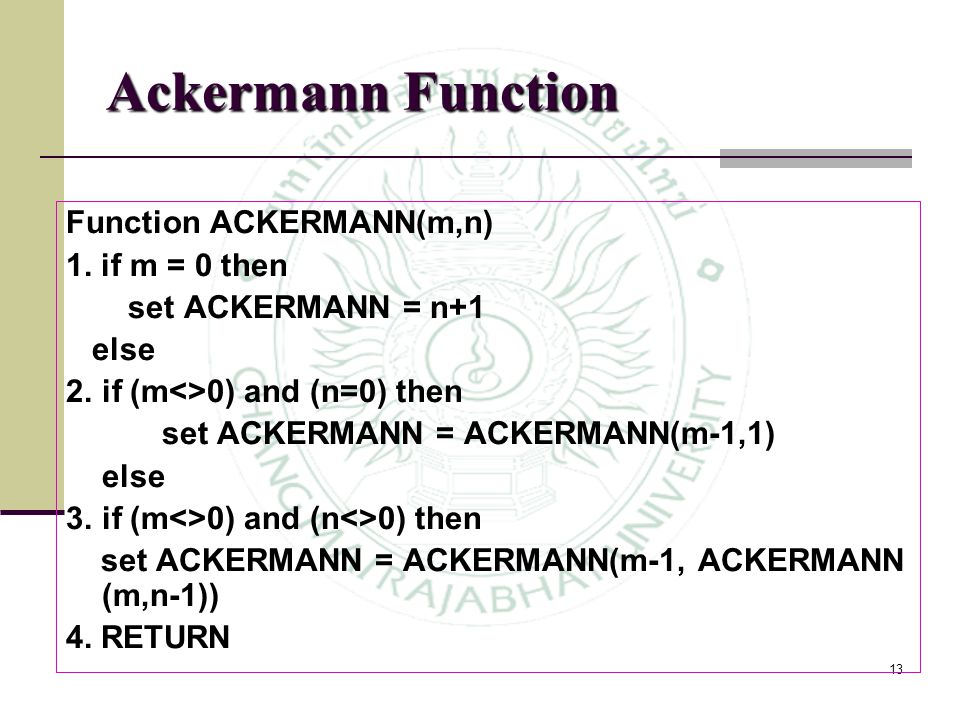 Ackermann Function Function ACKERMANN(m,n) 1. if m = 0 then